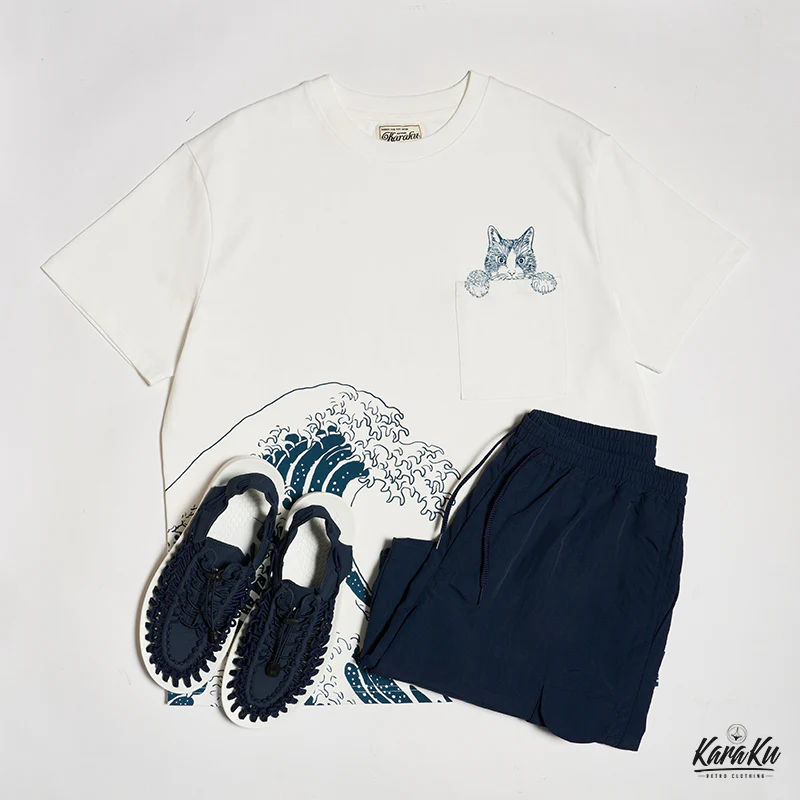 「KaraKuｘ365CAT.ART」ポケットから覗く猫 浮世絵柄コットンTee - Image 17