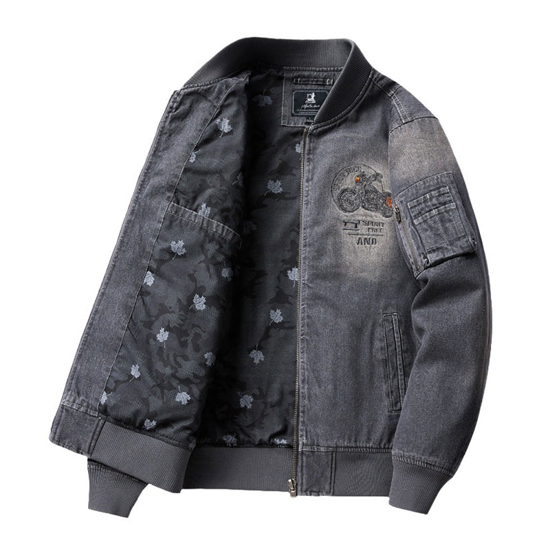 ユーズド加工　裏もみじ柄 バイク刺繡デニムフライトジャケット - Image 6