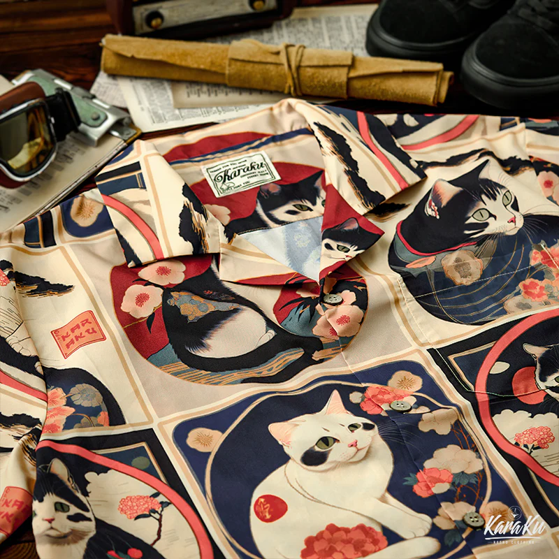 明治時代の猫 総柄 浮世絵風アロハシャツ　 - Image 5