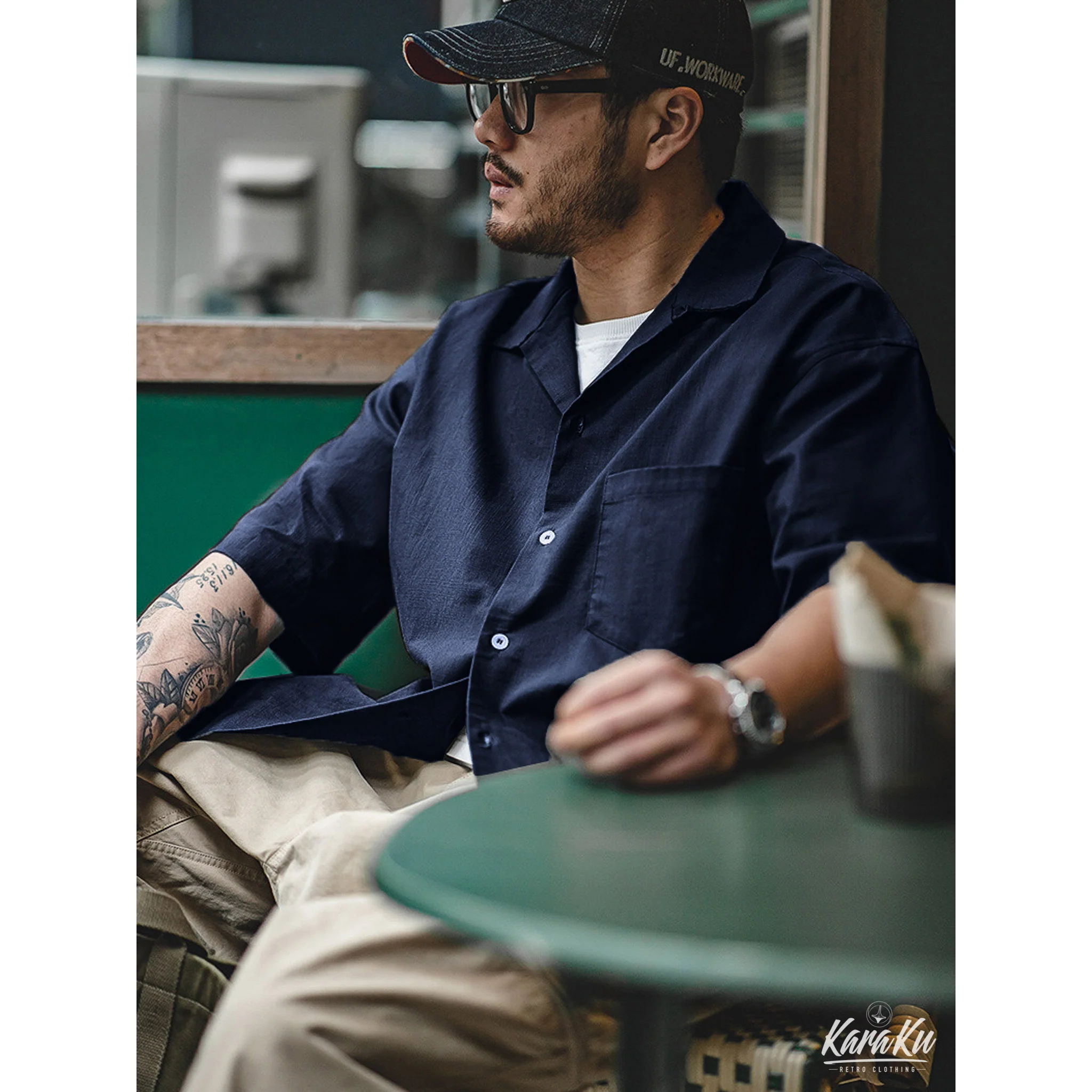 藍染　ドロップショルダー綿麻キューバシャツ - Image 7
