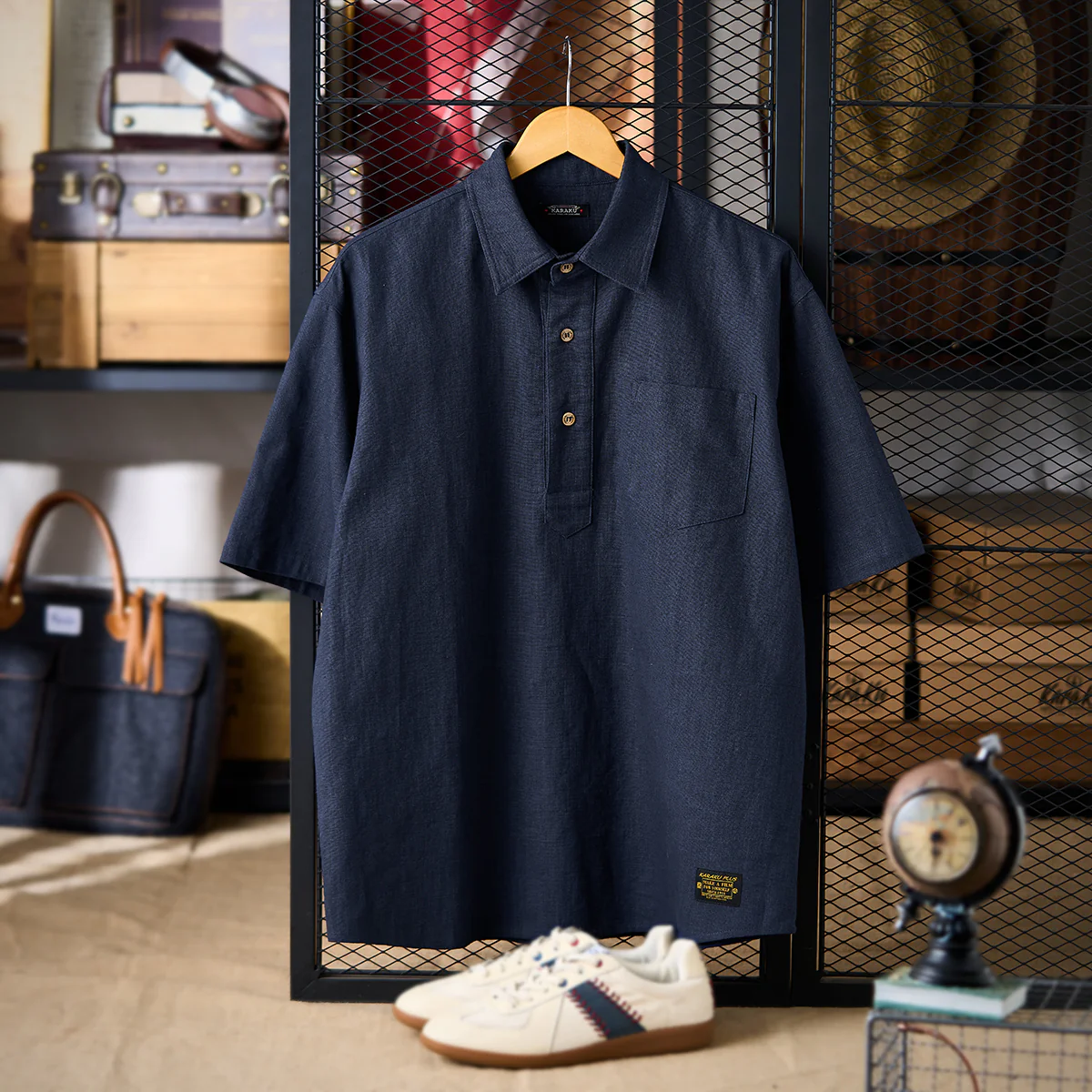NAVY ハーフボタンコットンリネンポロシャツ - Image 3