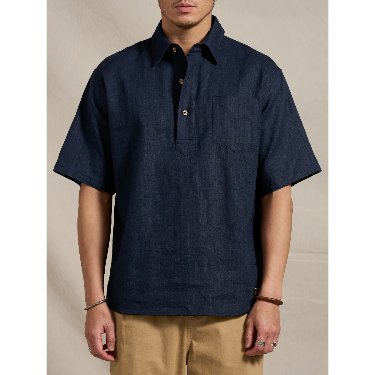 NAVY ハーフボタンコットンリネンポロシャツ - Image 6