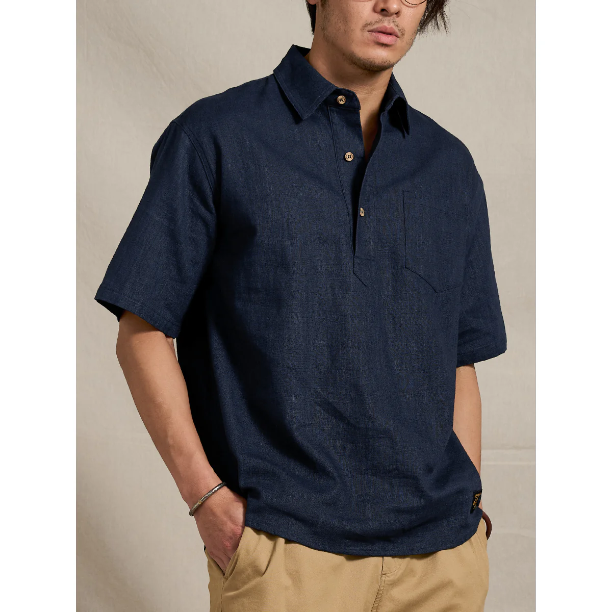 NAVY ハーフボタンコットンリネンポロシャツ - Image 7