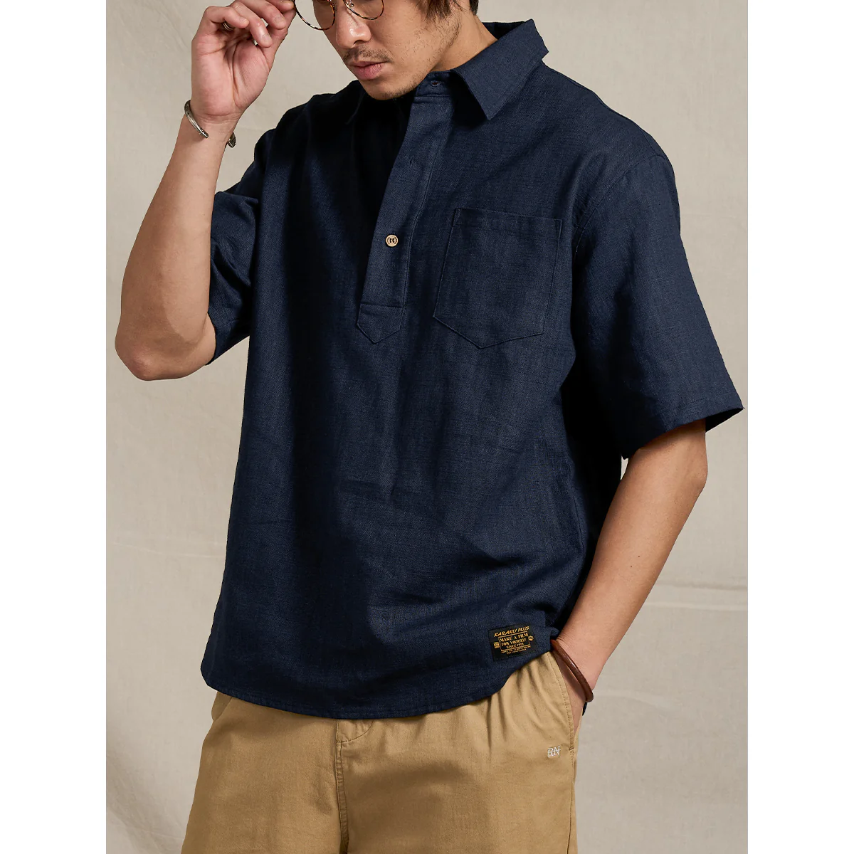 NAVY ハーフボタンコットンリネンポロシャツ - Image 8