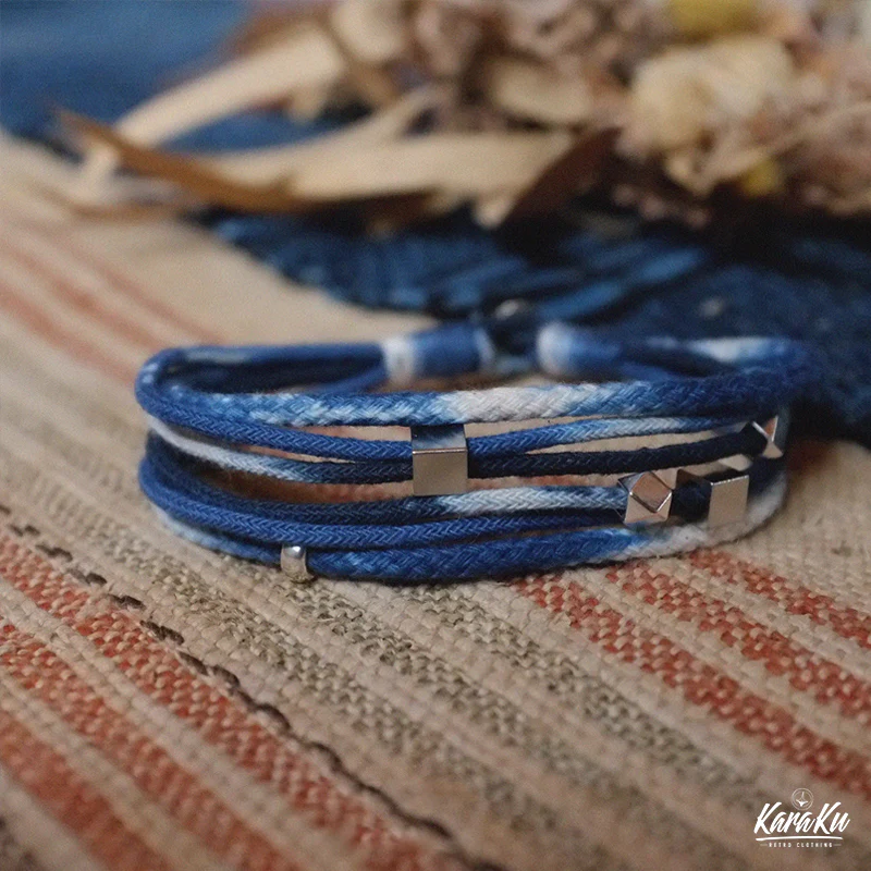 シルバービーズ付き　手作り植物藍染コットンブレスレット - Image 4