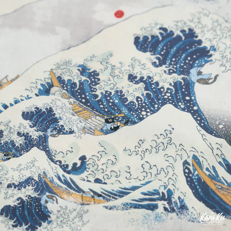 「神奈川沖浪裏・波乗りの猫と犬」浮世絵風アロハシャツ - Image 14