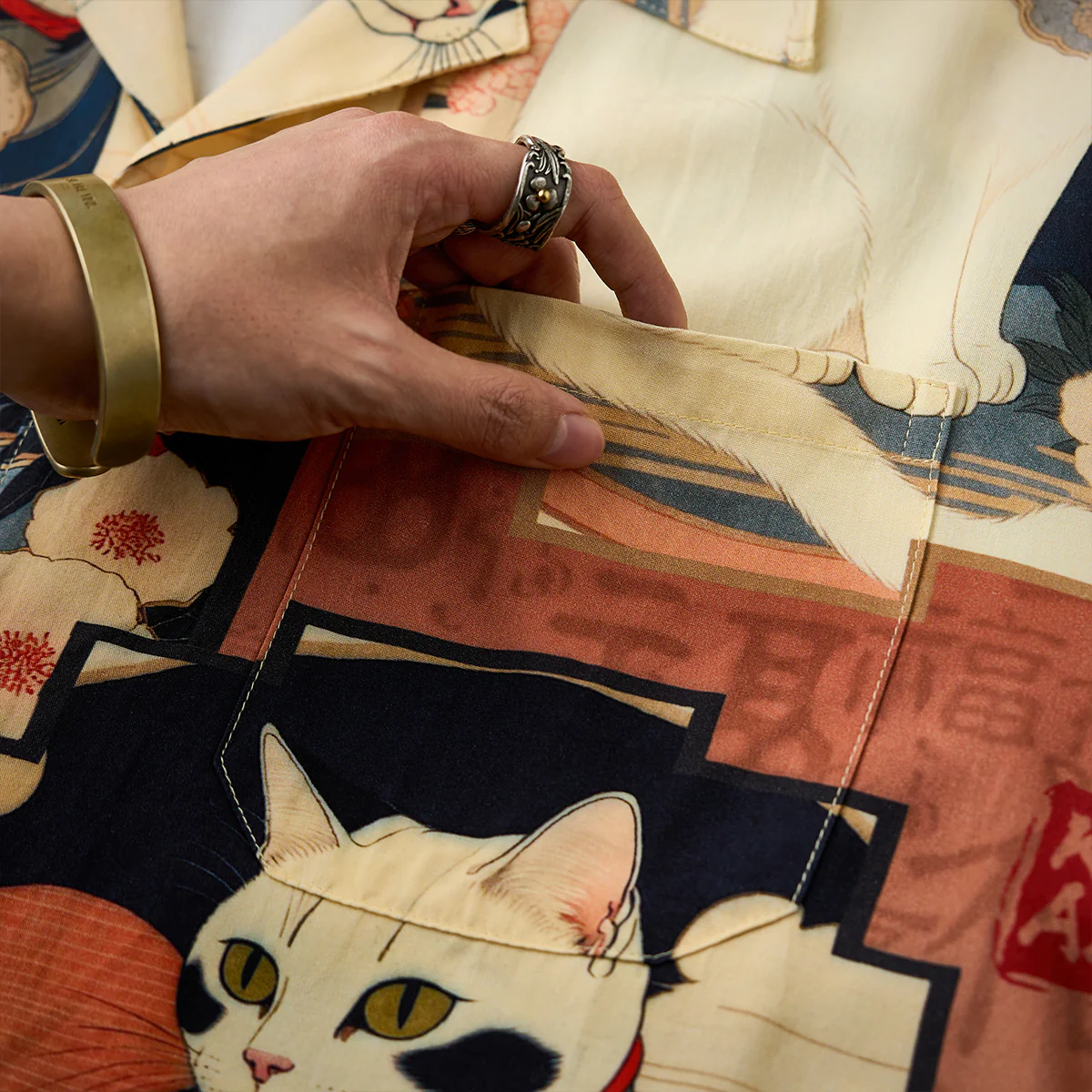 「明治時代・猫」浮世絵風総柄プリント入りアロハシャツ - Image 13