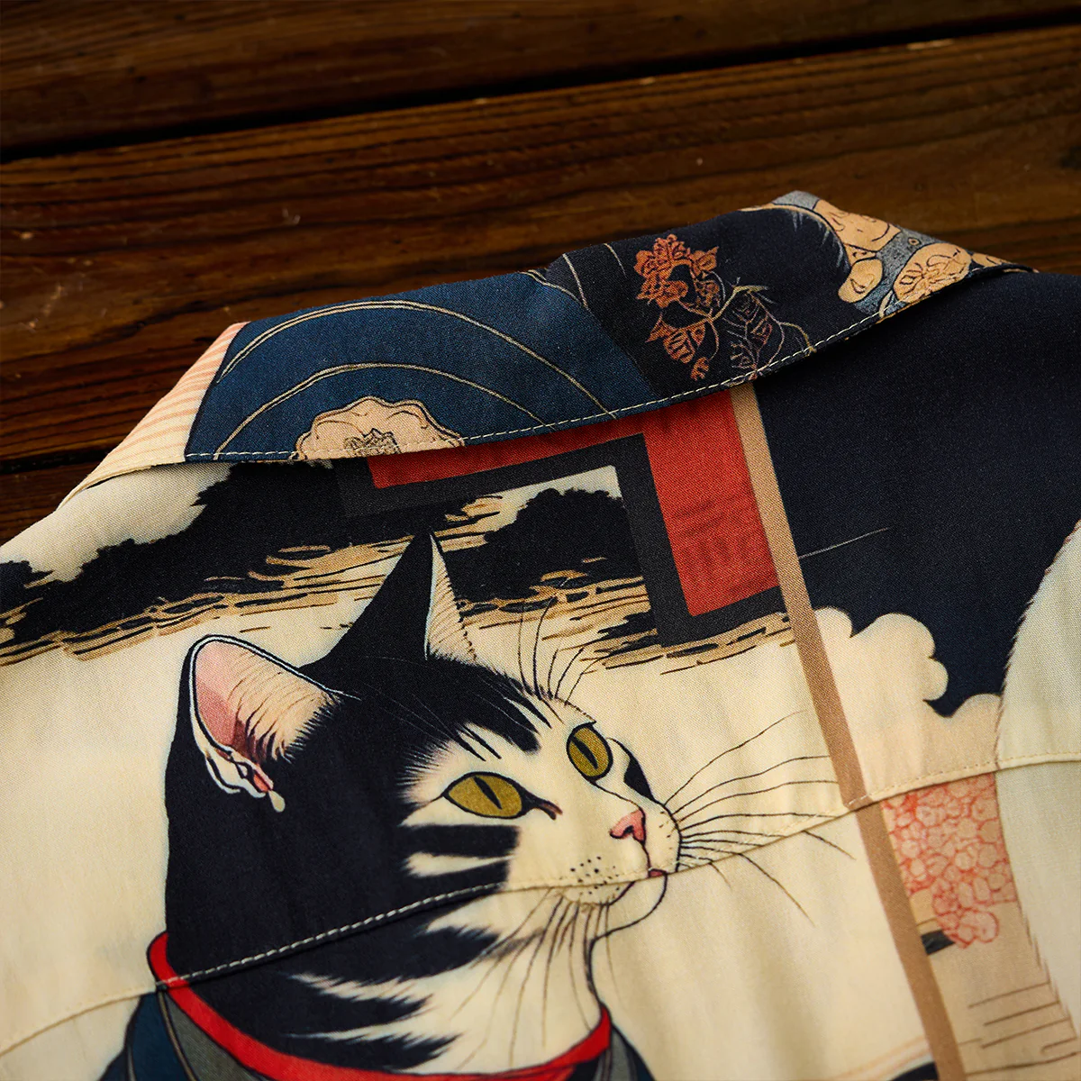 「明治時代・猫」浮世絵風総柄プリント入りアロハシャツ - Image 16